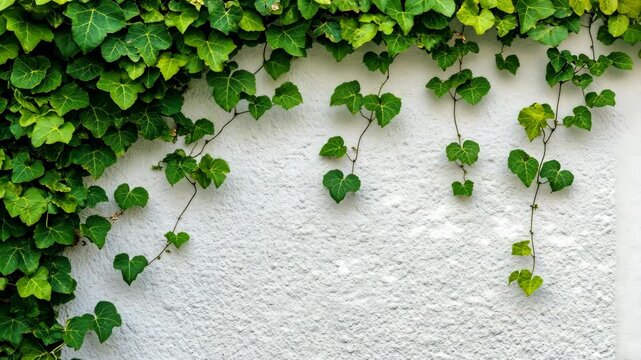 Green ivy vines grow on a white wall, adding a touch of nature to the building