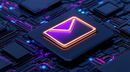 Futuristic email icon on a circuit board with vibrant purple and blue lighting, abstract tech background.