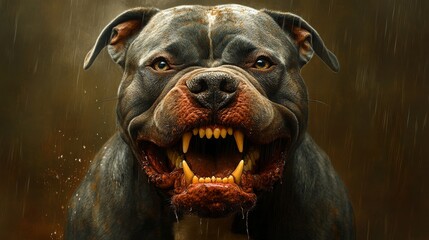 Powerful dark dog showing teeth under the rain