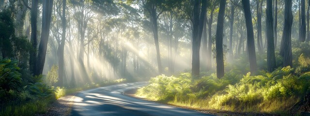Obraz premium A winding road through the Australian forest, lined with towering eucalyptus trees and dappled sunlight filtering through dense foliage
