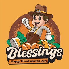 Thanksgiving Day Blessing Boy Pilgrim, Pumpkin, Autumn Leaves in Vintage Retro Cartoon Mascot Illustration for sticker, badge, patch, banner, greeting card, invitation