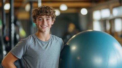  teenage boy standing next to an exercise ball, smiling at the camera with enthusiasm