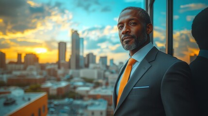 Fototapeta premium A distinguished man in business attire stands confidently on a rooftop, gazing over a sprawling cityscape beneath a vibrant sunset sky.