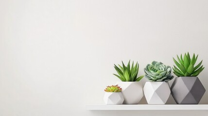 A collection of vibrant succulents arranged in stylish geometric planters, displayed on a pristine white shelf.