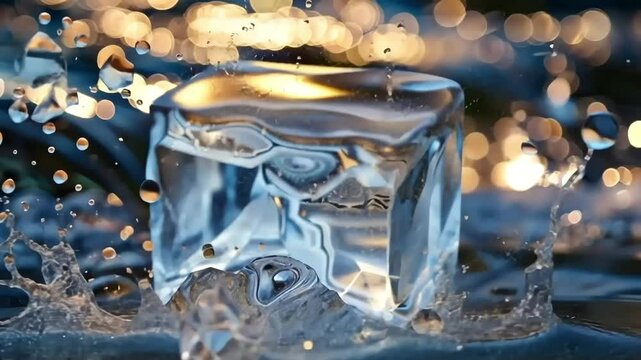 Close up of a chunk of ice in a stream, with water flowing and sparkling in the sunlight