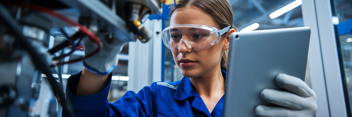 Female technician using tablet to troubleshoot machinery in industrial setting.