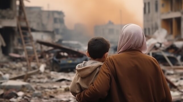 A mother in a headscarf embraces her child while gazing at war-torn ruins, a poignant reminder of resilience amidst devastation.