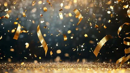 Golden confetti falling on dark background with sparkling effects. Celebratory scene.