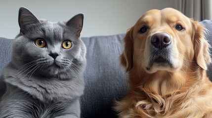 Fototapeta premium Brytyjski kot o krótkiej, srebrzystej sierści i eleganckim wyglądzie siedzi dostojnie, podczas gdy obok niego leży wyluzowany Golden Retriever.