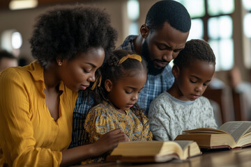 African family sitting and reading the Bible.