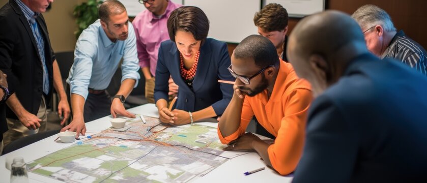 Colleagues gather around a table, intensely focusing on a map during a collaborative discussion, epitomizing teamwork and strategic planning.