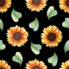 Watercolor seamless pattern with yellow sunflowers blooms and leaves. Hand drawn repeat pattern for wrapping wallpaper fabric textile
