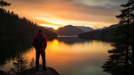 A solitary figure gazes over a tranquil lake as the sun rises, painting the sky with vivid hues of orange and pink in a moment of reflection.