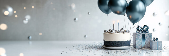 Delicious birthday cake with lit candles is waiting to be enjoyed during a celebration