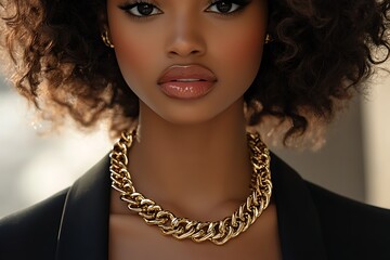 Chunky gold necklace on a model, ss2025