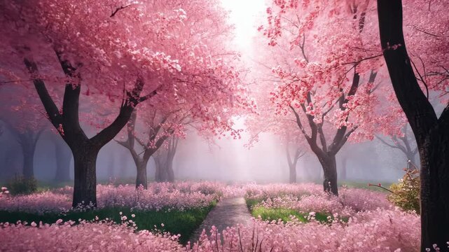 A foggy path winds through a pink cherry blossom forest