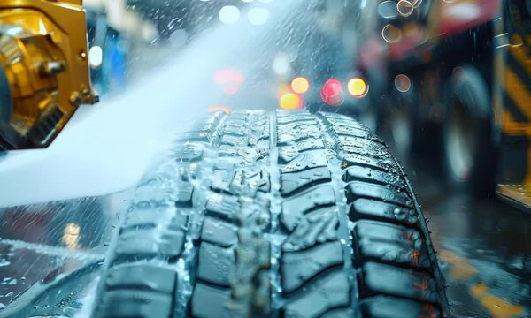 Close up of hands holding a hose and pumping a car tire at vulcanizing workshop.