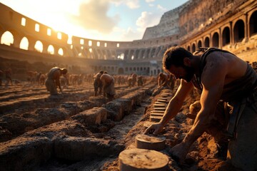 Amidst the golden hues of sunset, a dedicated worker reconstructs an ancient amphitheater, highlighting human resilience against the backdrop of rich historical architecture.