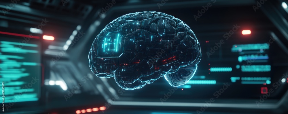 Poster A futuristic digital brain suspended in a high-tech environment, symbolizing AI and innovation.