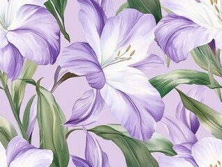 Seamless pattern of beautiful purple lilies with delicate leaves, creating a serene and refreshing floral pattern.