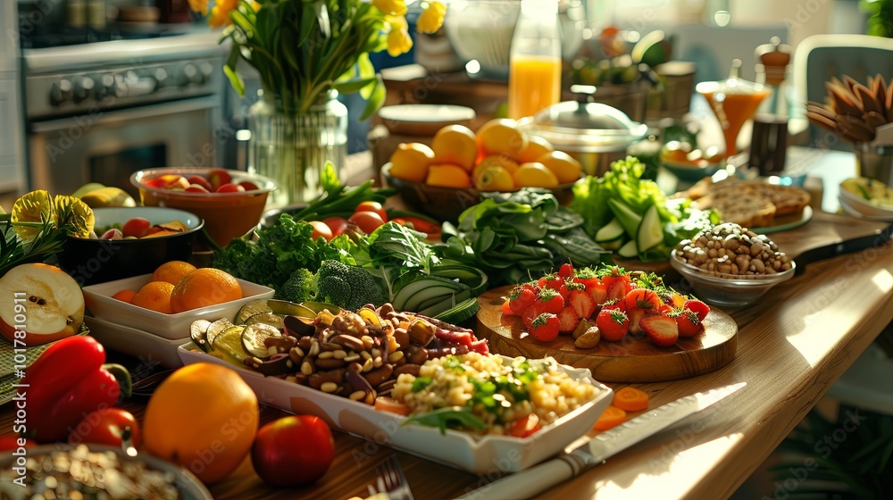 Poster a wooden table is abundantly set with an array of fresh fruits, vegetables, nuts, and well-balanced 