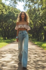 Fototapeta premium Woman in an off-shoulder blouse and wide-leg jeans, ss2025