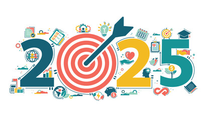2025 new year goal plan action with target icons, Business , financial, health care, environment, education plan and strategies. Annual plan and development for achieving goal to success. Vector set.