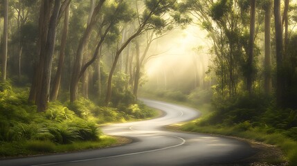 Fototapeta premium A winding road through the Australian forest, lined with towering eucalyptus trees and dappled sunlight filtering through dense foliage