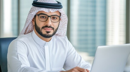 Businessman in Traditional Attire Working on Laptop, AI