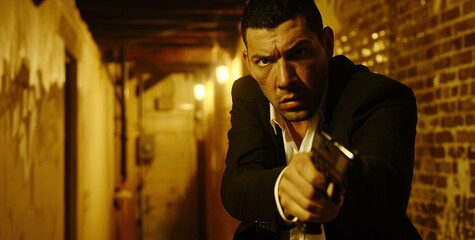 A tense man in a dark suit stands in a dimly lit alleyway, gripping a gun and ready to defend himself from an unseen threat. dark,moody,gloomy,eerie,alert,vigilant,tense,nervous