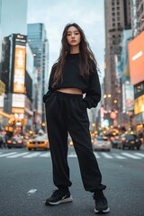 Fototapeta premium Woman in a cropped sweatshirt and jogger pants, ss2025