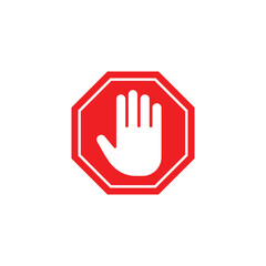 Obraz premium Red stop hand sign, stop hand vector printable design, isolated on white background. Traffic regulatory warning stop symbol. Vector illustrationWeb