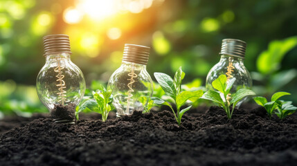 Three light bulbs are planted in the dirt, surrounded by green plants