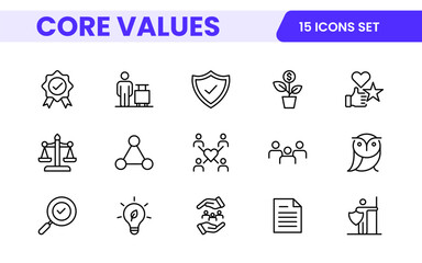 Core Values outline icons set. Core, values, business, leadership, goals, target, client, quality, success, responsibility and quality.