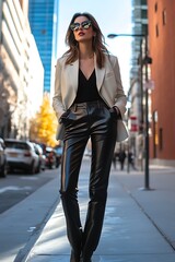 Fototapeta premium Woman in a cropped blazer and leather pants, ss2025