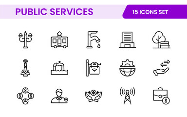 Set of outline Public Services icons. Minimalist thin linear web icon set. Line icons related to public utilities. Gas, electricity, water, heating.