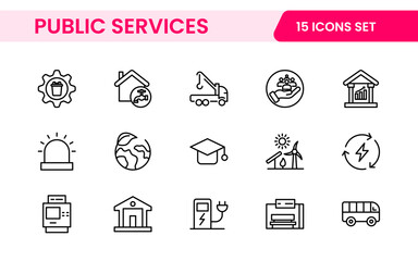 Set of outline Public Services icons. Minimalist thin linear web icon set. Line icons related to public utilities. Gas, electricity, water, heating.