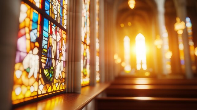 Sunbeam penetrates ancient church through stained glass windows, blurred image