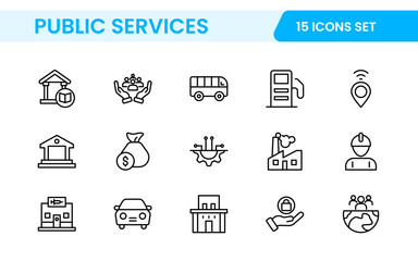 Set of outline Public Services icons. Minimalist thin linear web icon set. Line icons related to public utilities. Gas, electricity, water, heating.
