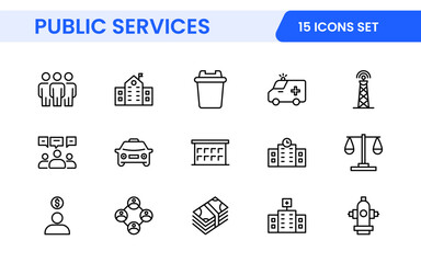 Set of outline Public Services icons. Minimalist thin linear web icon set. Line icons related to public utilities. Gas, electricity, water, heating.