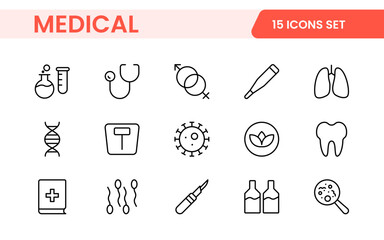 Set of Medical web icons in line style. Medicine and Health Care, RX. Medicine, check up, doctor, dentistry, pharmacy, lab, scientific discovery, collection.