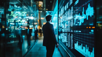 A man stands in front of a large screen displaying financial data