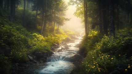 Obraz premium Tranquil mountain stream flowing through a lush forest, with sunlight filtering through the trees