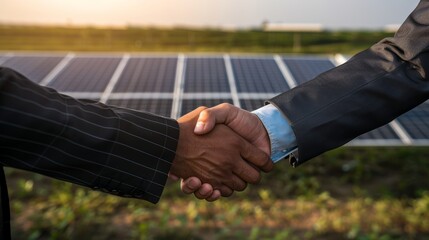 Solar Power Partnership Two Professionals Shaking Hands in Front of Solar Farm