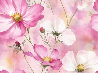 Fototapeta premium Seamless pattern of beautiful watercolor floral pattern with pink and white flowers on a soft pastel background.