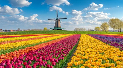 Vibrant field of tulips in full bloom, with a windmill in the distance under a bright blue sky