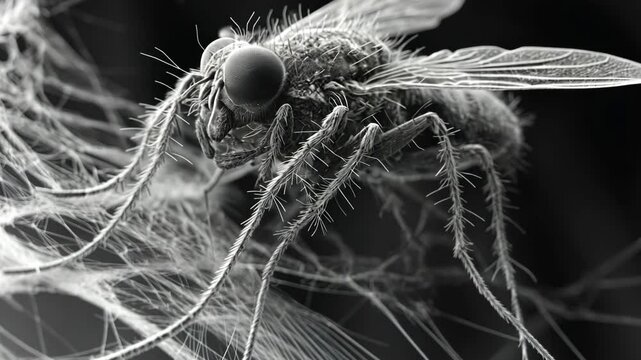 A close-up image of a fly trapped in a spider web, taken with a scanning electron microscope