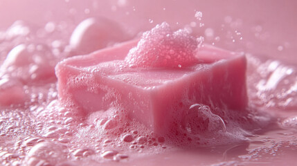 A pink bubble bath with a pink soap bar in the middle