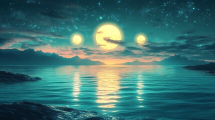 Mystical Night with Triple Moons Over a Quiet Ocean - Made with Generative AI