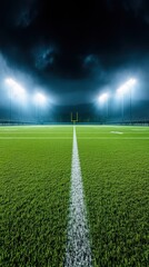Obraz premium Football Field Under Dramatic Night Sky with Bright Stadium Lights, AI